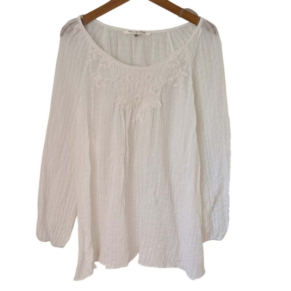Max Studio Women's Sheer Knit White Top Scoop Neckline 3X Boho Cottage Layering